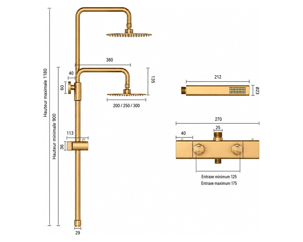 Schéma coté — Colonne de douche thermostatique en laiton avec douche de tête ronde 20, 25 ou 30 cm, douchette à main et hauteur réglable – Bellacqua Alba