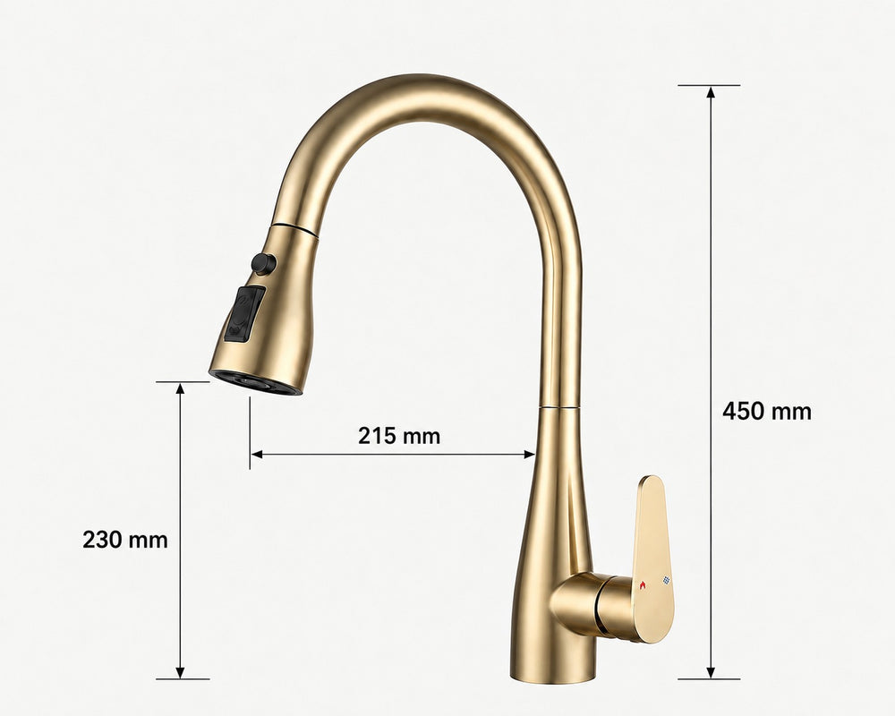 Schéma coté — Robinet de cuisine à douchette extractible 2 jets, rotation 360° pour plus de liberté – Bellacqua Lemono