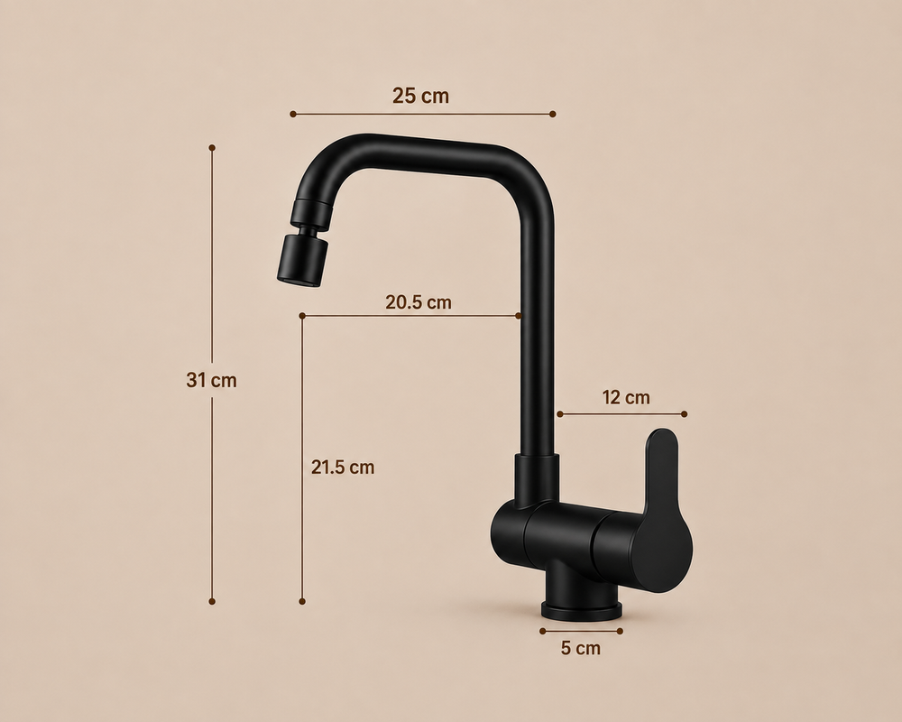 Schéma coté — Robinet de cuisine rabattable sous fenêtre, rotation 360°, tête inclinable 2 jets, acier inoxydable, mitigeur monocommande – Bellacqua Millo