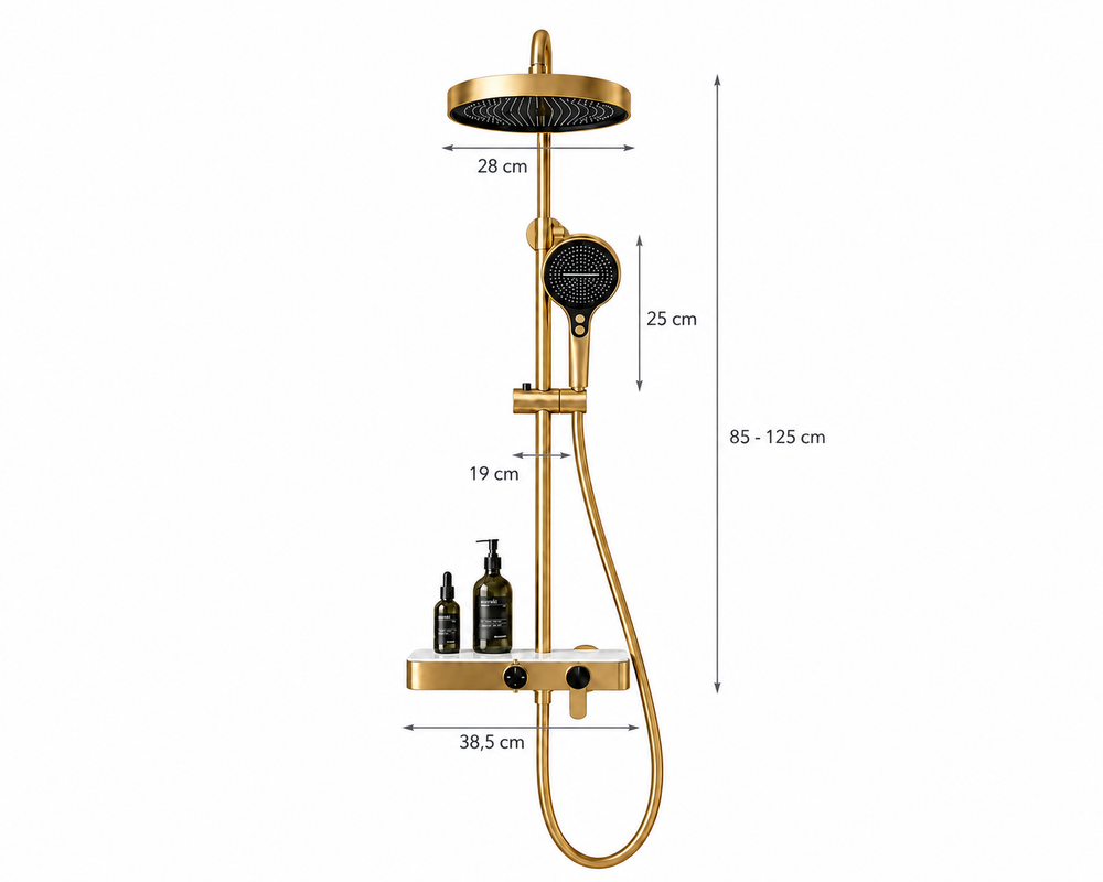 Schéma coté — Colonne de douche avec tablette, réglable en hauteur, cascade, douche de tête Ø 28 cm et douchette à main, 6 finitions – Bellacqua Notte