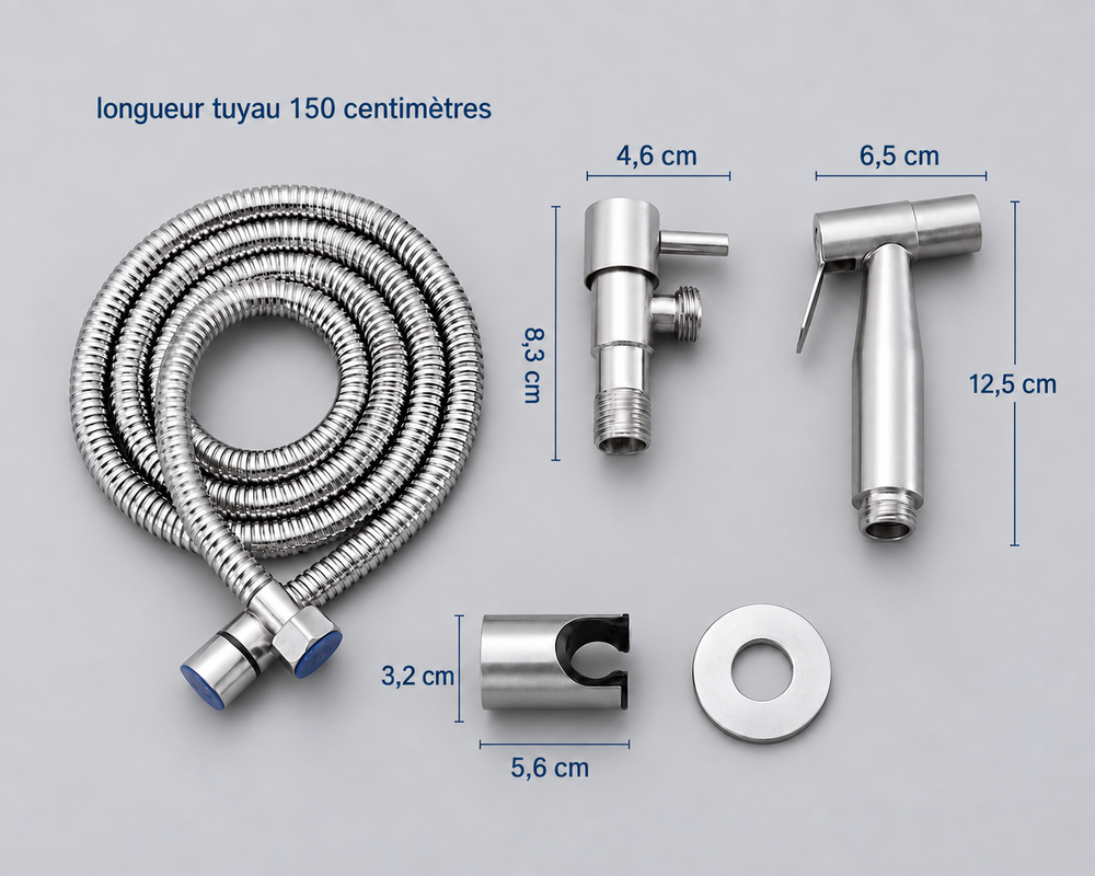 Schéma coté — Douchette WC en inox 304 avec robinet d’arrêt, flexible et support mural, 3 finitions – Bellacqua Tino