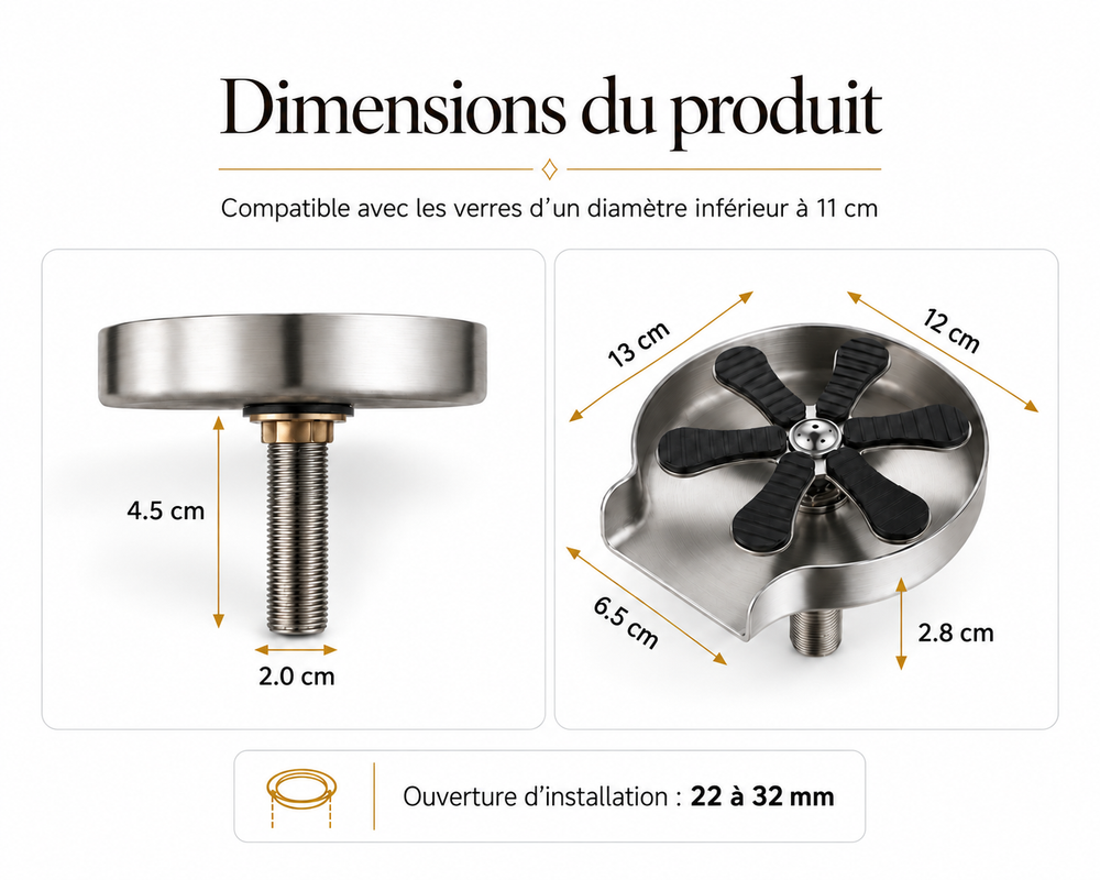 Schéma coté — Rince-verre pour évier en inox 304 brossé, 9 jets à pression, raccord en T et flexible fournis – Bellacqua Vetro
